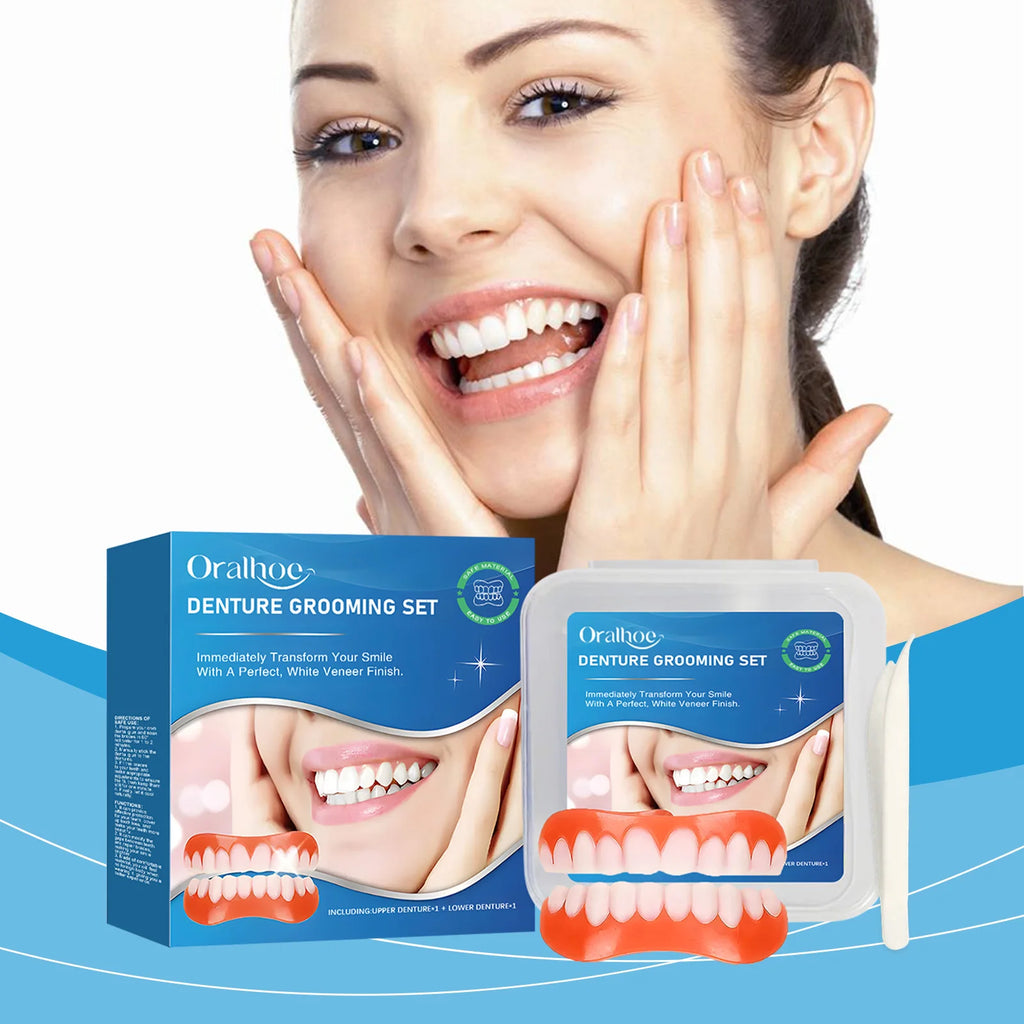 Silicone Dentures Full Set Over Gums Improve Tooth Loss Narrow Gap Perfect Smile False Teeth Kit Upper and Lower Dental Veneers Qme