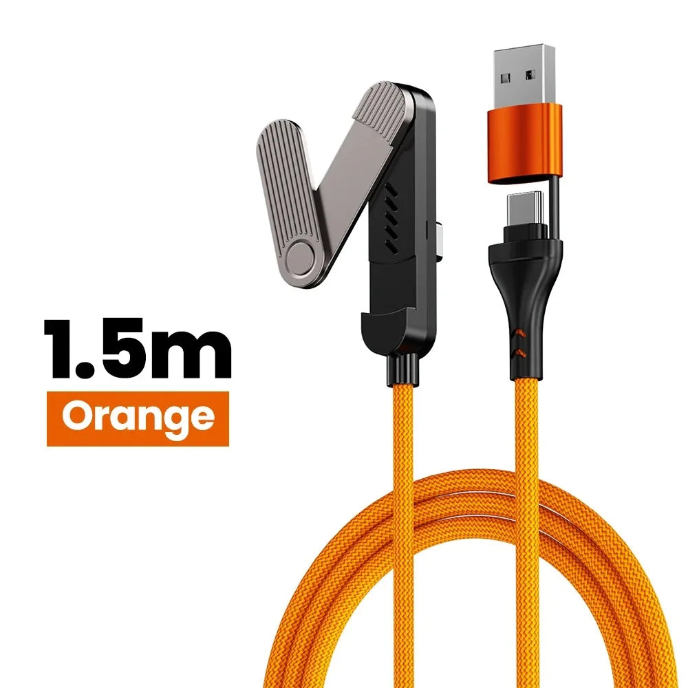 65W USB Fast Charging Cable With Foldable Phone Holder 2-in-1 Type-C Quick Charge Data Wire USB C Charging Line For Mobile Phone Qme Orange