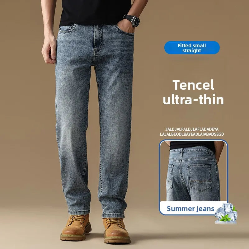 Summer new men's lyocell straight-leg casual versatile thin stretch fashion jeans Qme