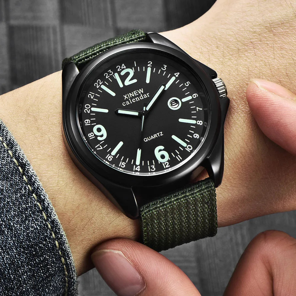 Man’s Luminous Fashion And Casual Versatile Canvas Strap Calendar Quartz Watch Basic Simple No Waterproof Black Round Dial Reloj Qme