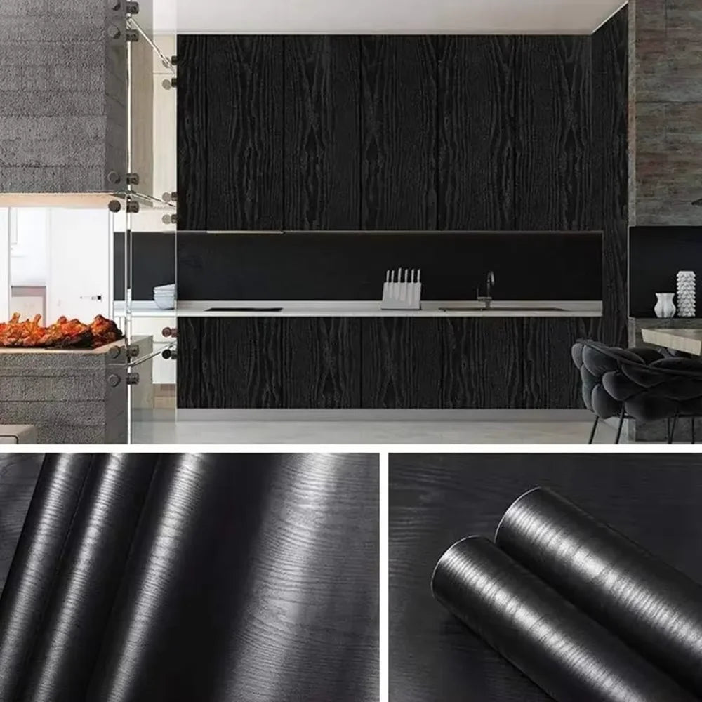 40cm Black Wood Peel & Stick Self-Adhesive Film, Real Wood Tactile Sensation for Furniture & Easy Clean Surfaces Qme