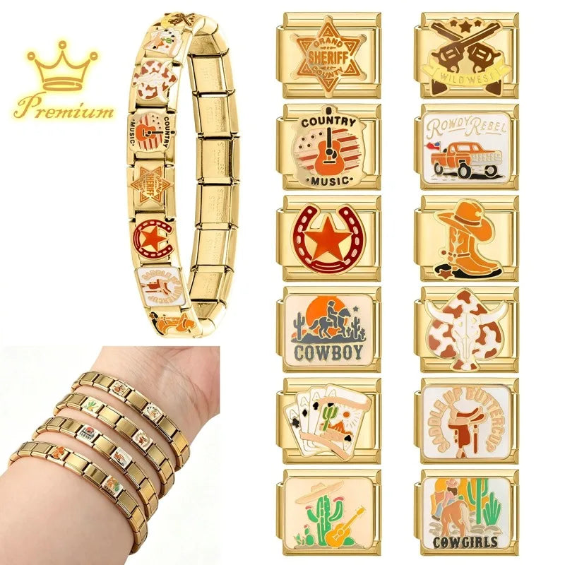 2026 New Golden Cowboy Horse Cowgirls Boots Hat Guitar Star Car Italian Charm Fit 9mm Stainless Steel Bracelet Jewelry DIY Gifts Qme