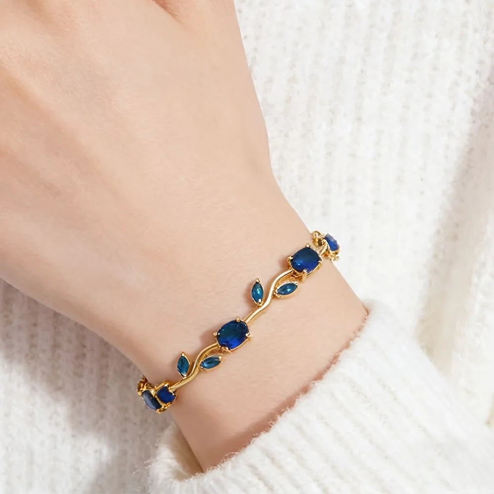 Vintage Design Women Bracelet Inlaid Deep Blue Cubic Zirconia Gold Tone Adjustable Wristband Daily Banquet Bridal Jewelry Gift Qme