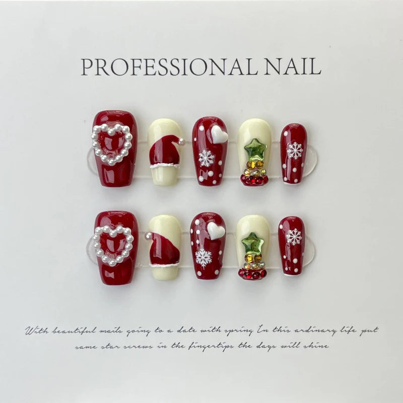 Christmas Shiny Red Fake Nails Cute Press Hand-painted Snowflake Qme GJ-CDJ-571-S