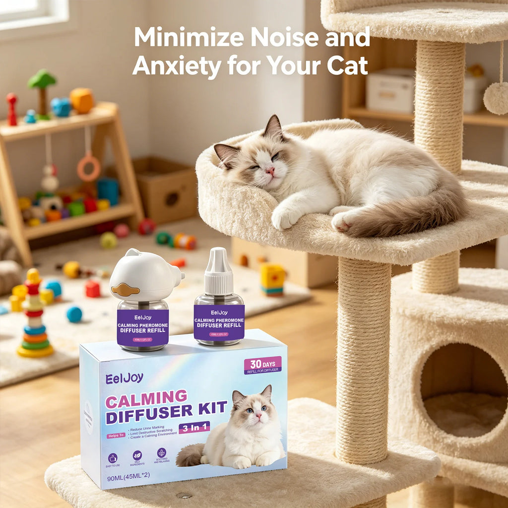 Cat Calming Pheromone Diffuser Kit Anxiety Relief Reduce Scratching Behavior Adapt Environment 3-in-1 Plug-In Calming Diffuser Qme