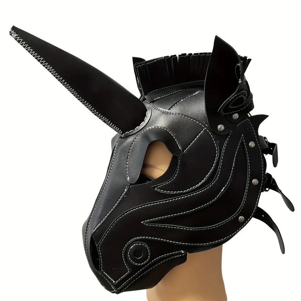 Unicorn Mask Full Face Hood Cosplay Steampunk Halloween Costume Props Party Dress-Up Adjustable Horse Head Animal Hood Handmade Qme