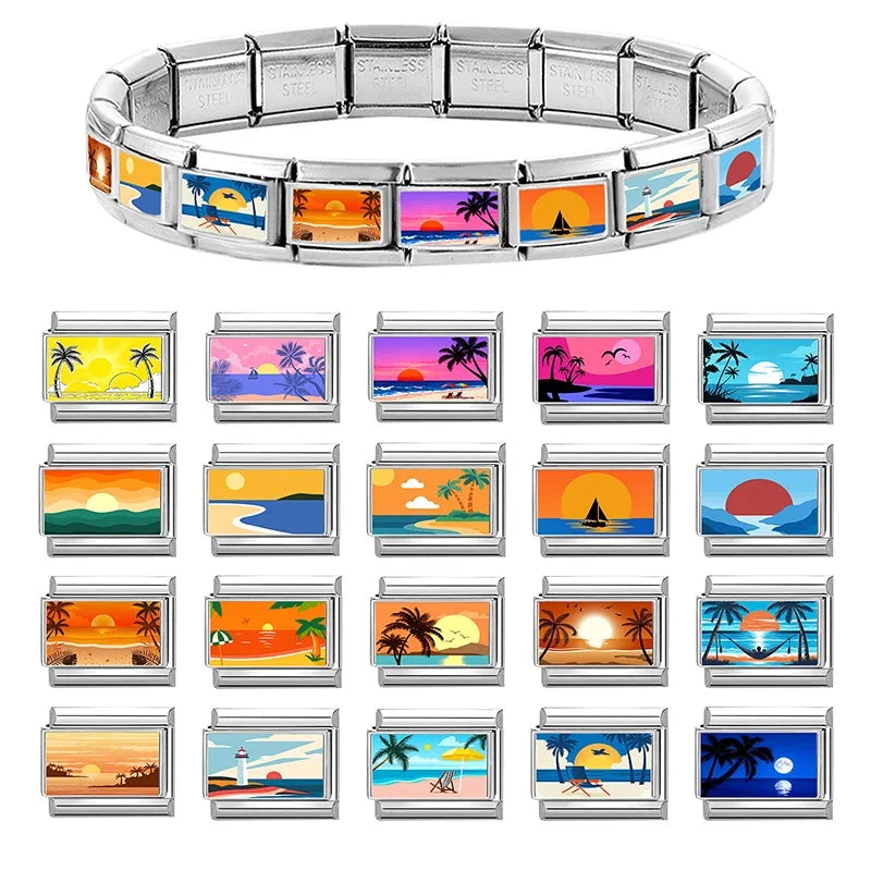 Fashion Colorful Scenery Boat Swan Lake Snow Mountain Charm Italian Link 9mm Bracelets Bangle Stainless Steel DIY Making Jewelry Qme