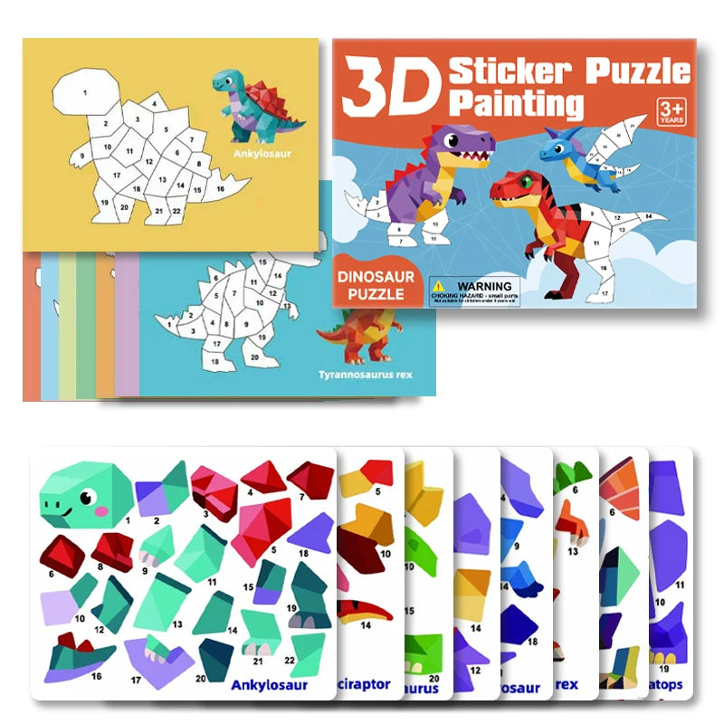 New 3D Puzzle Stickers Number Matching Puzzle Sticker Creative DIY Puzzle Sticker Painting Set (8 Patterns) Child Focus Training Qme Dinosaur