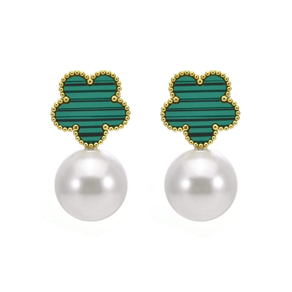 Stainless Steel Plum Blossom Flower Five Leaf Flower Pearl Drop Earrings Fashion for Women Party Jewelry Clover Daily Wear Qme 7