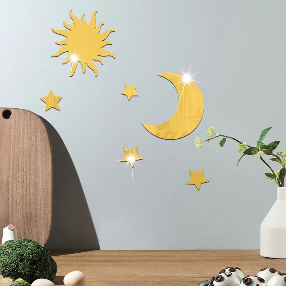 6PCS Star Moon Combination Mirror Acrylic Stereo Self Adhesive Diy Bedroom Living Room Can Be Removed Wall Stickers Qme golden