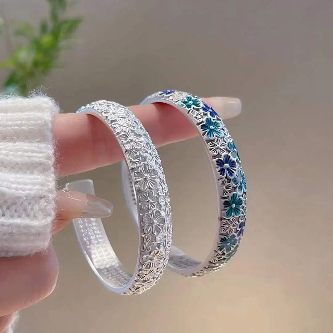 Blooming Flowers Like Brocade Enamel Plum Blossom Open Bangle Bracelet New Chinese Retro Enamel High Grade Solid Bracelet Qme