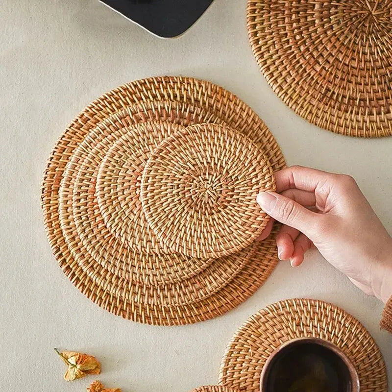 Placemat Pad Coasters Kitchen Table Mats Rattan Coaster Bowl Mats Padding Mat Insulation Pad Round Placemats Woven Hand-made Qme