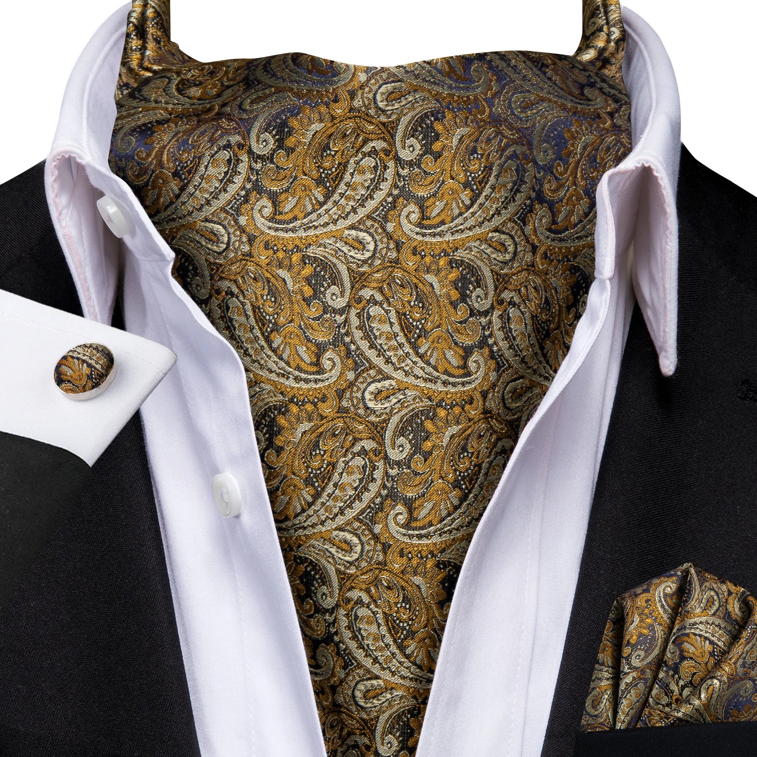 Men's Ascots Fashion Luxury Paisley Cravat Set with Cufflinks and Handkerchiefs for Daily Casual Outing Qme LDAS1169