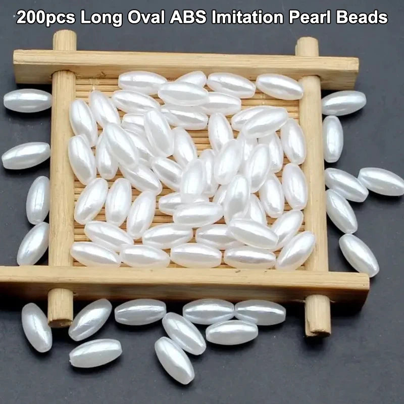 200pcs Long Oval ABS Imitation Pearl Beads White Plastic Loose Spacer For DIY Jewelry Bracelets Necklaces Crafts Making Wedding Qme