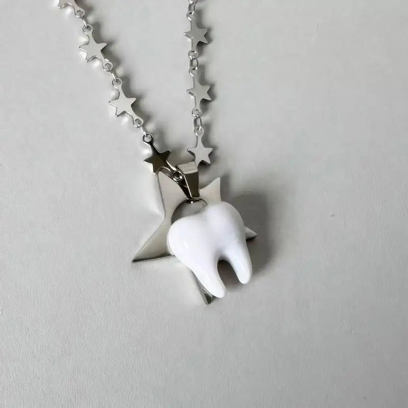 Unique Design Y2k Necklace Heart Star Cute Teeth Splicing Clavicle Chain Qme