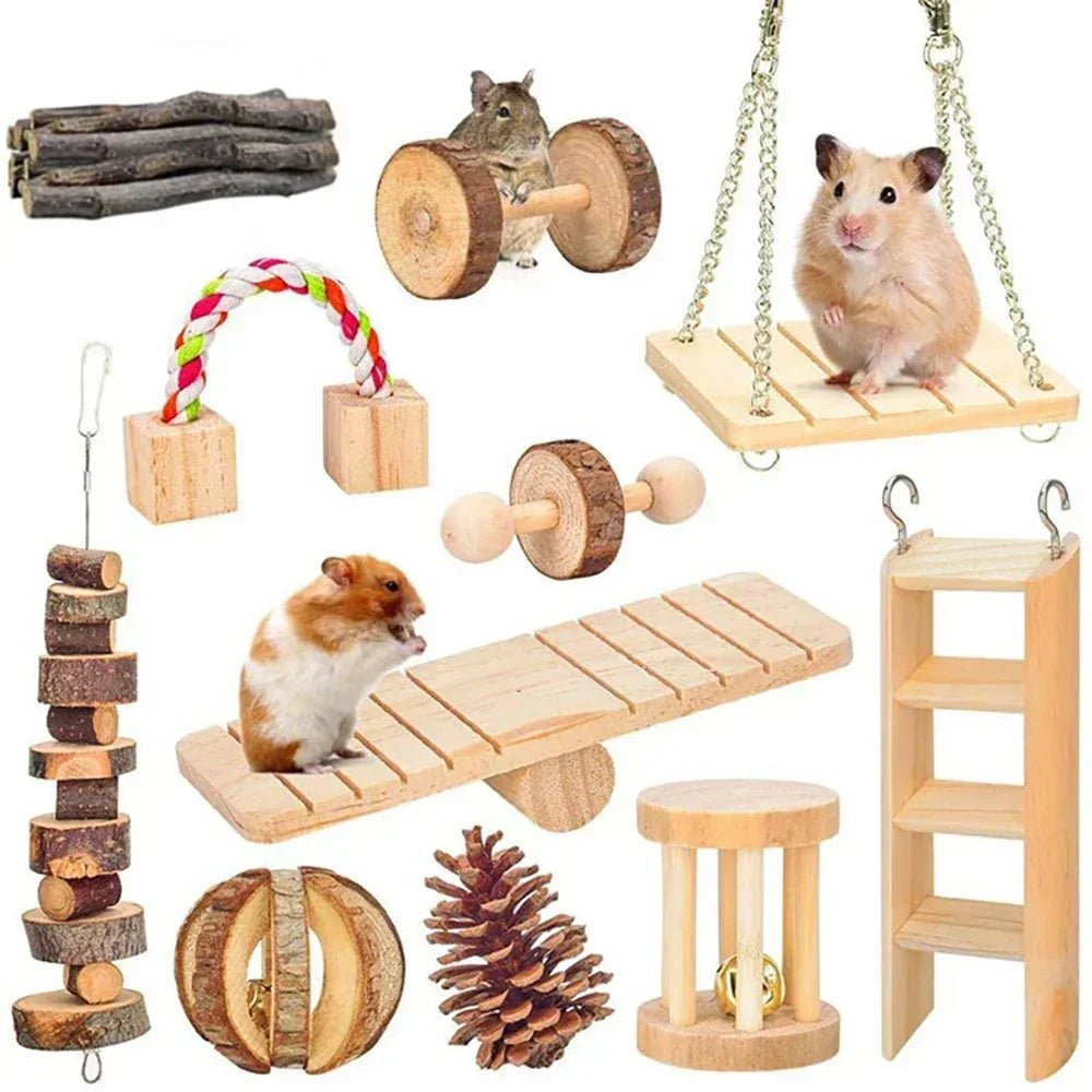 Natural Wood Chew Toys Rodents Rabbit-shaped Roller Bell Guinea Pig Qme