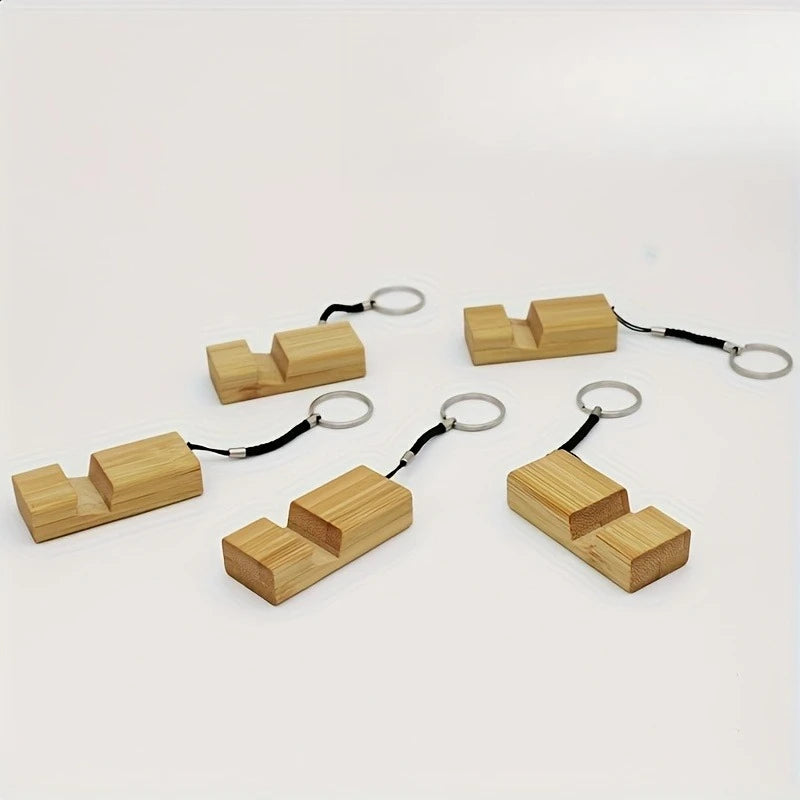 Bamboo Wood Phone Stand With Keychain Mini Portable Cell Phone Holder Universal Desk Smartphone Bracket Key Ring Accessory Qme
