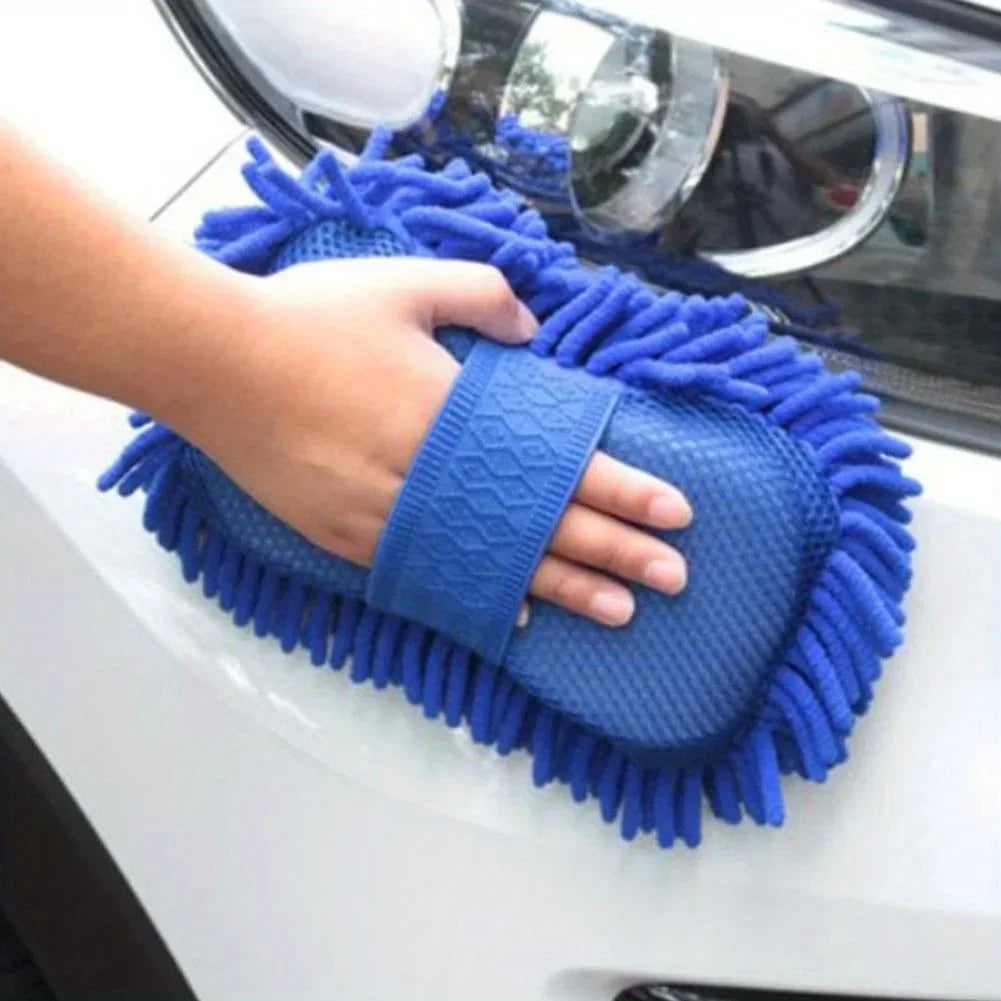 1pc Blue Microfiber Chenille Car Wash Sponge | Care Washing Brush Pad, Auto Washing Towel Gloves Styling Accessories Qme