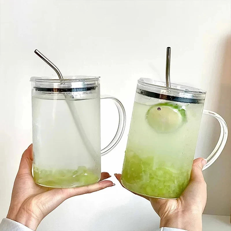 Drinking Glass Tumbler Lid Straw Coffee Cup Mug Milk Juice Qme