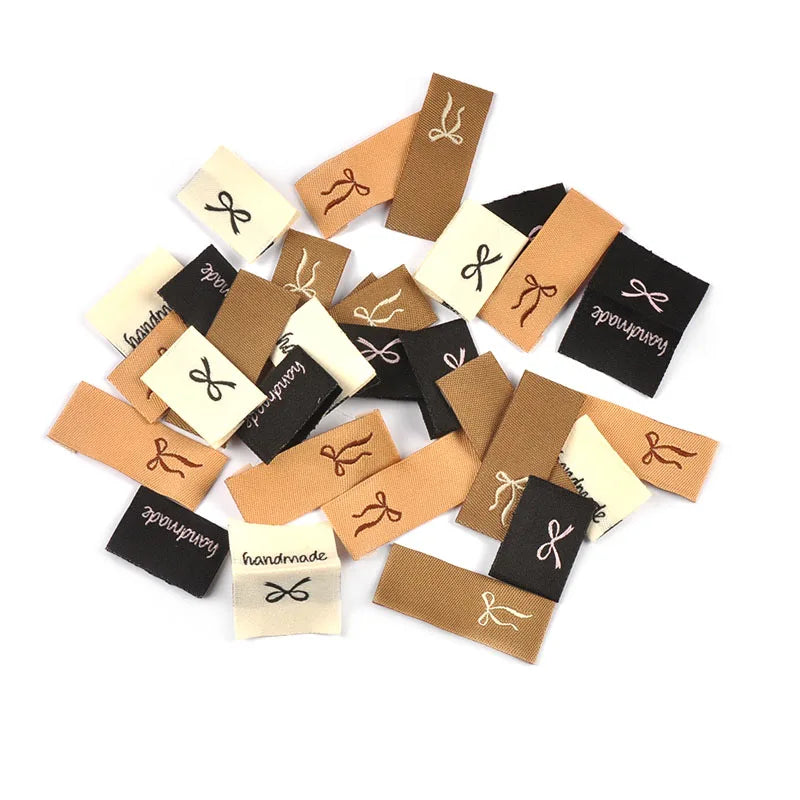 50pcs 15-38.5mm Rectangle Brown/White/Black Bow Label Embroideried Clothes Backpack Sewing Accessories Handmade Crafts c3784 Qme