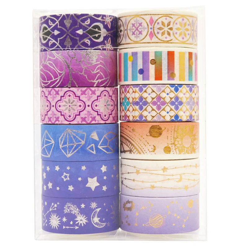 12 Rolls/set Purple Star Gold Foil Washi Tape Set Constellation Series Laser Masking Tapes for Scrapbooking DIY Stationary Set Qme