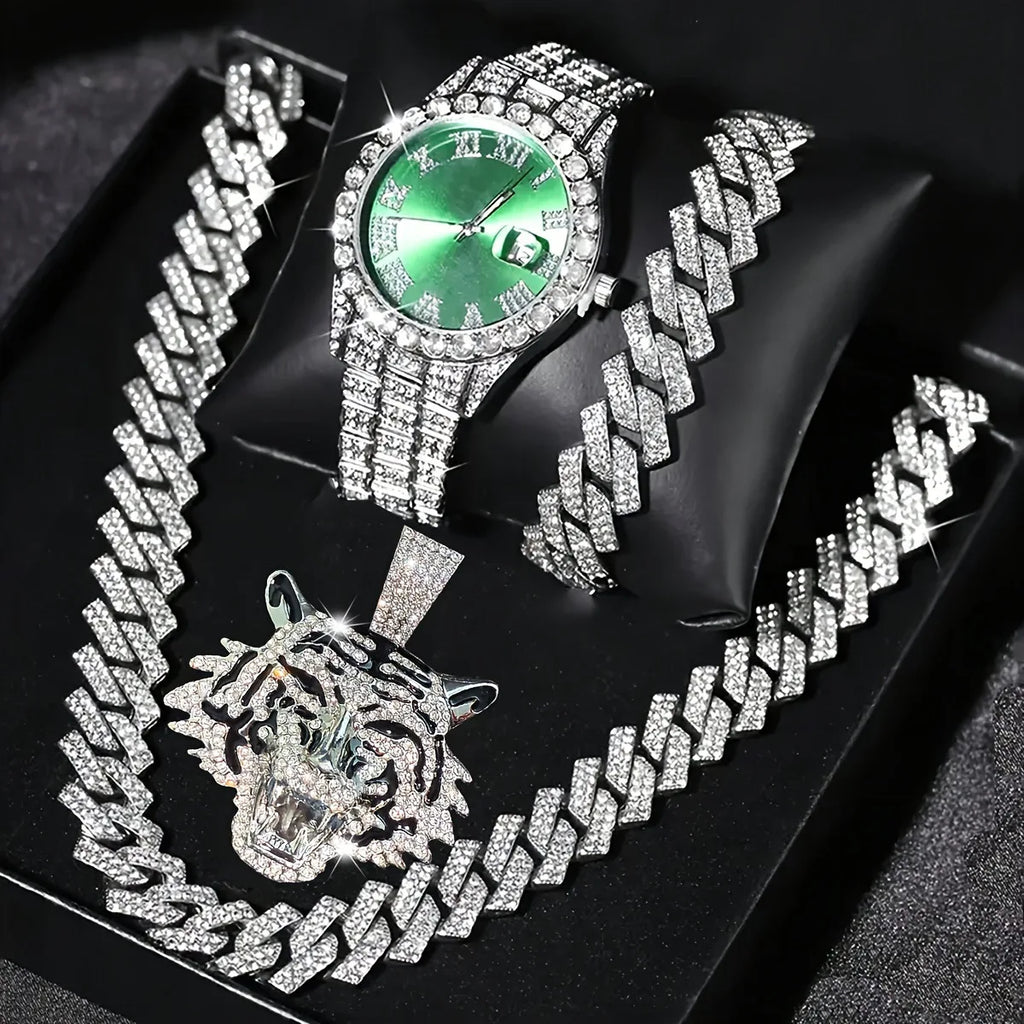 Trendy Men's Popular Tiger Head Cuban Chain Four Piece Set | Street Hip Hop Style Watch Necklace Bracelet Pendant Set Qme Ivory