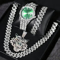 Trendy Men's Popular Tiger Head Cuban Chain Four Piece Set | Street Hip Hop Style Watch Necklace Bracelet Pendant Set Qme Ivory