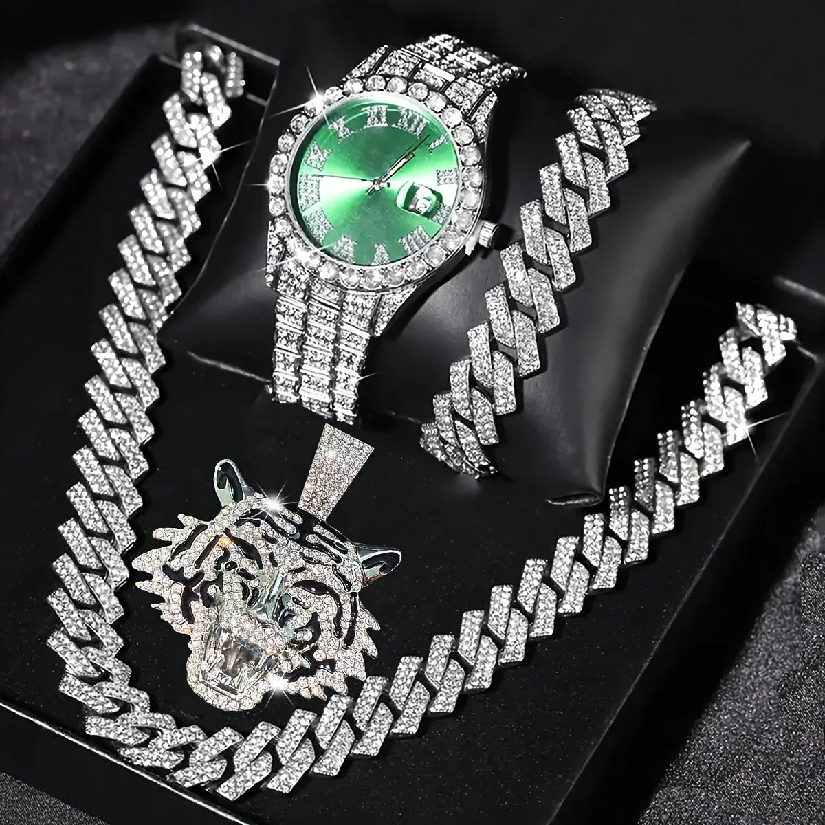 Trendy Men's Popular Tiger Head Cuban Chain Four Piece Set | Street Hip Hop Style Watch Necklace Bracelet Pendant Set Qme Ivory