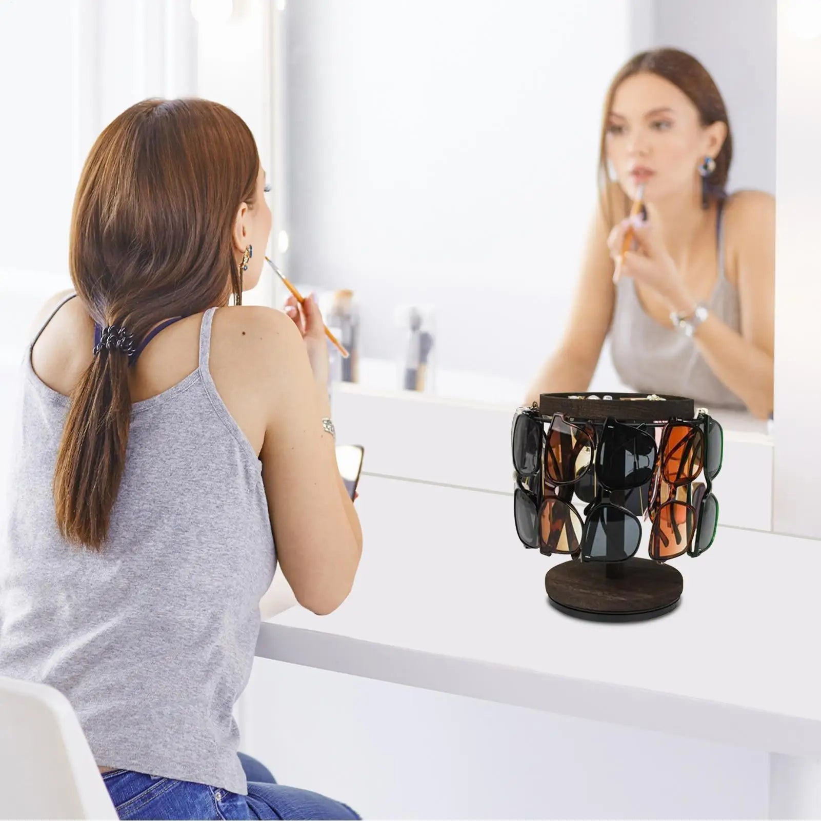 Glasses Holder 360 Degree Rotating Organizer Tray Base Wooden Qme