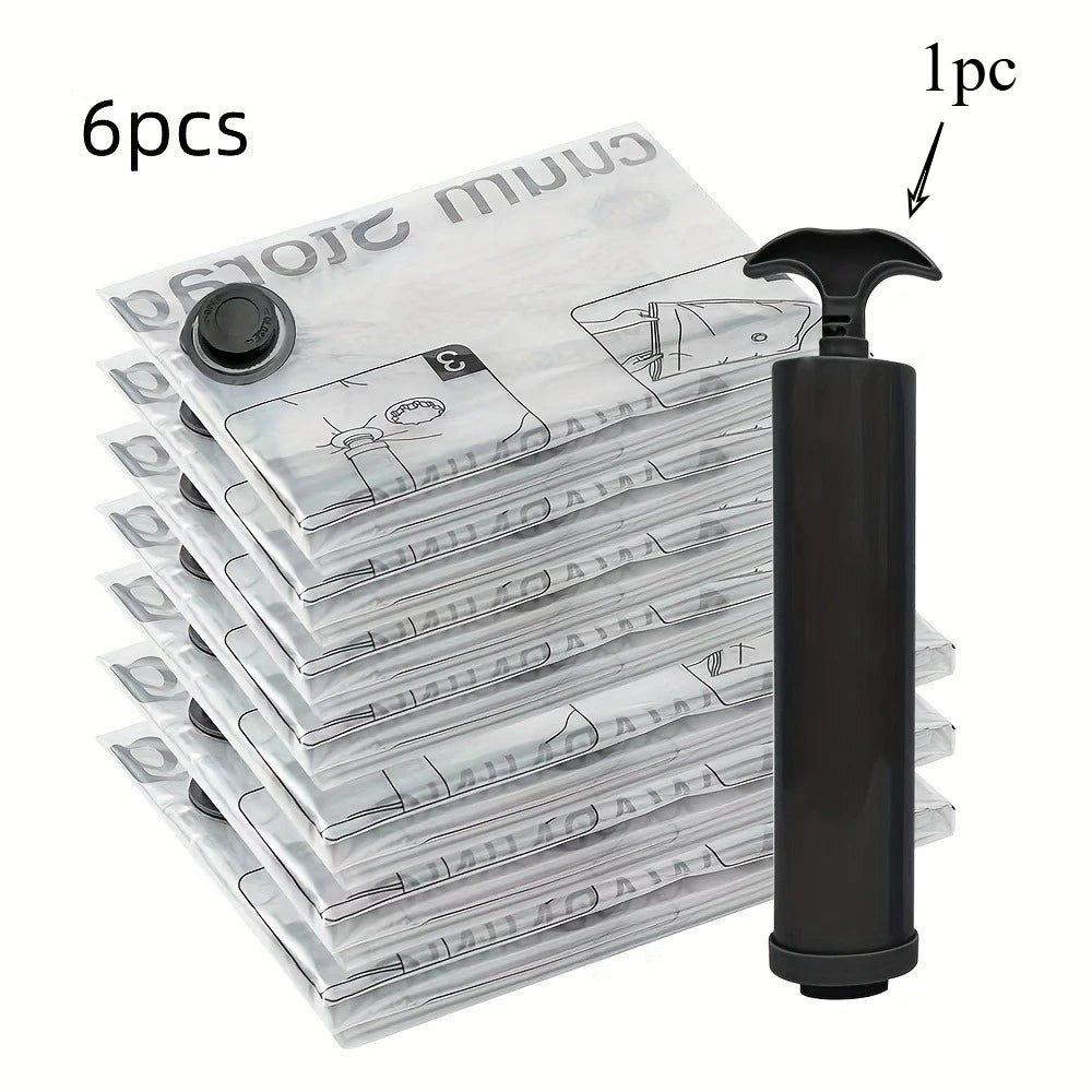 Space saving vacuum storage bag with manual pump - used for airtight compression sealing of clothes, bedding, pillows, quilts, Qme small 7pcs set