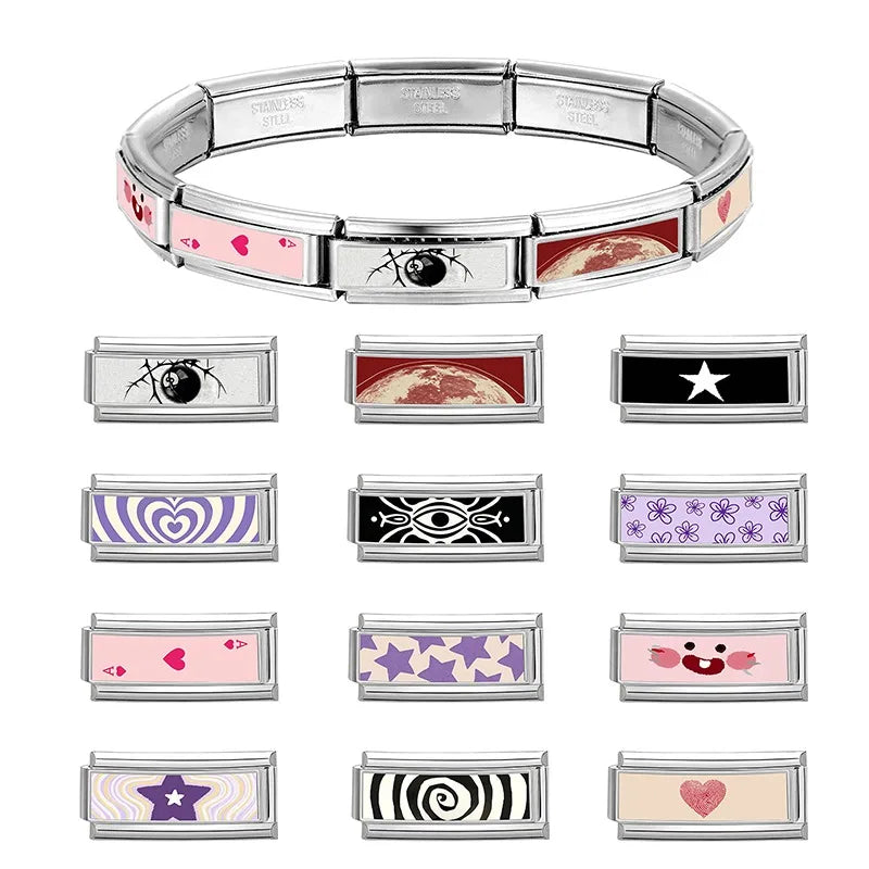 2026 New Women's Gift Black Eye Colorful Stars Heart Italian Charms Links Beads Fit 9mm Stainless Steel Modular Bracelet Jewelry Qme