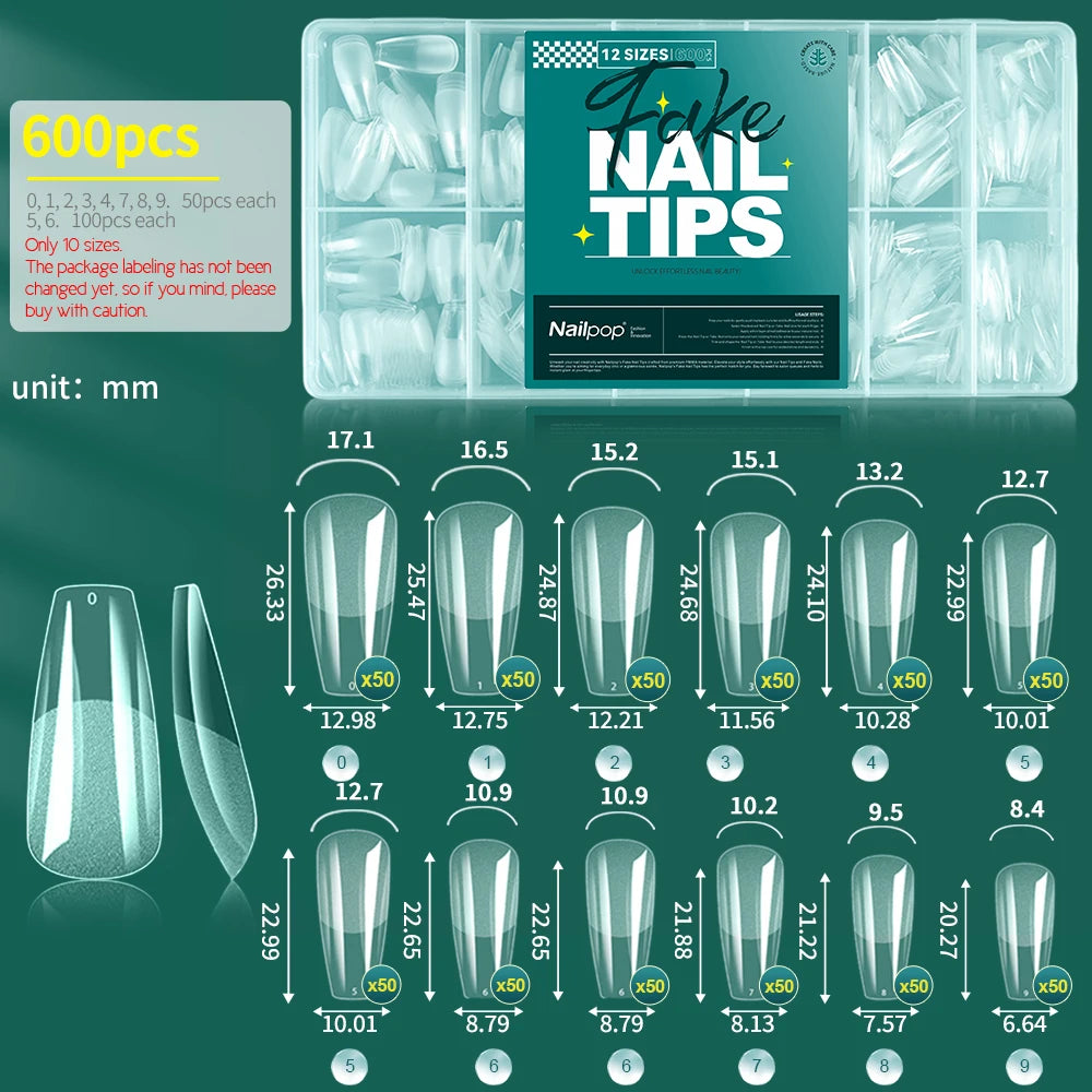 Nailpop False Nails 10 12 Sizes Full Cover Tips Clear Durable Qme M-Coffin-600