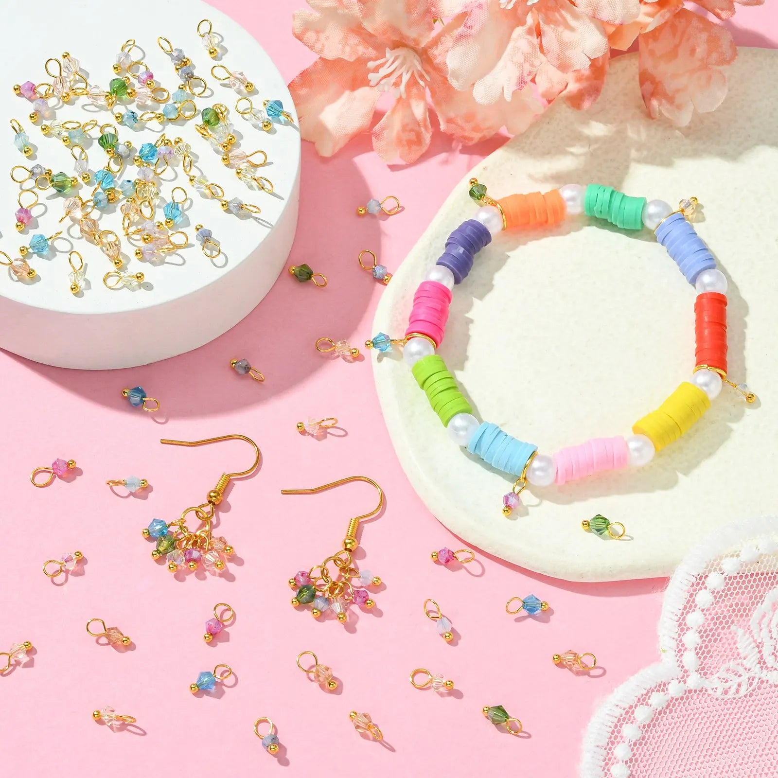Pandahall 100Pcs Random Color Transparent Faceted Glass Charms Bicone Crystal Dangle Charms for DIY Necklace Bracelet Making Qme