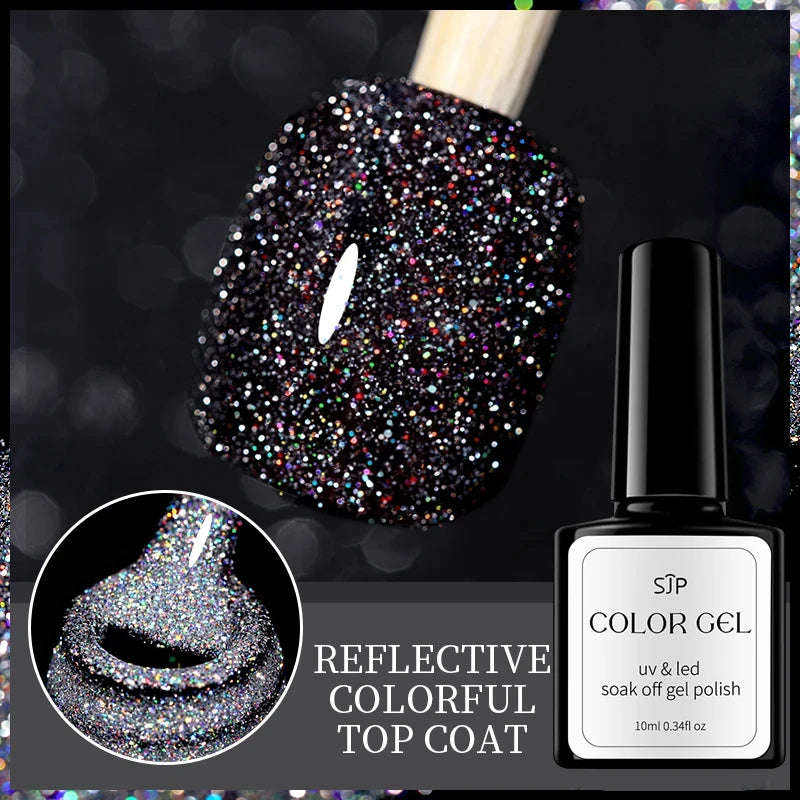 Reflective Glitter Coat Gel Nail Polish Silver Colorful Sparkling Qme