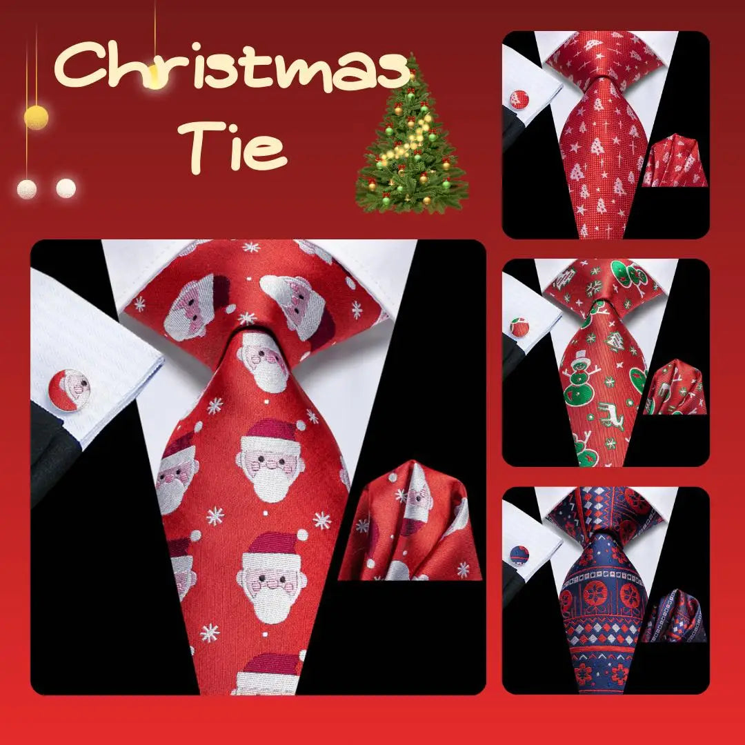 Christmas Red Tie Set 3 Pieces Men Necktie Pocket Square Cufflinks Xmas Wedding Party Suit Accessories Gifts for silk Boyfriend Qme