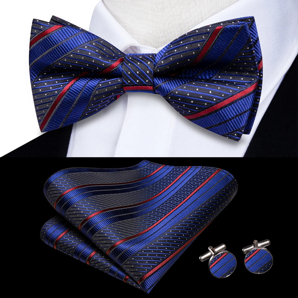 Hi-tie Silk Mens Striped Bow Tie Royal Blue Red Hanky Cufflinks Qme