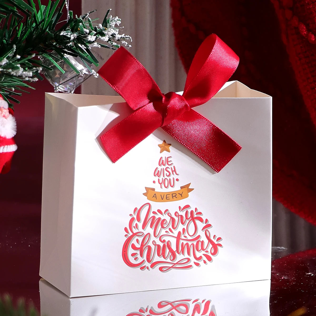 Pack of 10 Festive Christmas Mini Gift Bags with Ribbons - Colorful Design Featuring Christmas Tree, Santa and Merry Christmas W Qme White Other Other