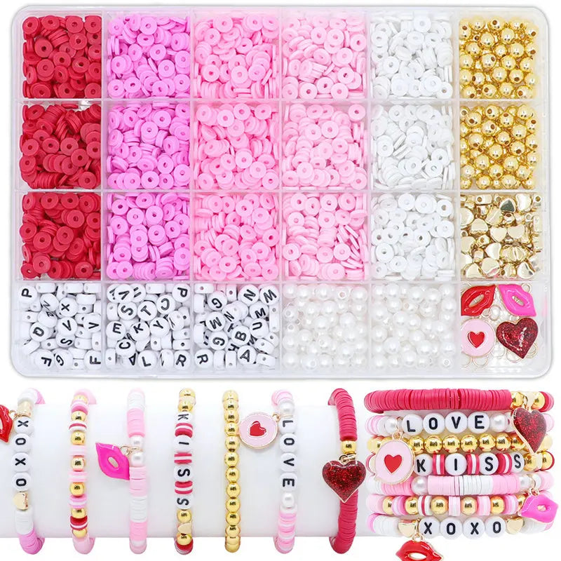 Valentine Day Clay Beads Kit Flat Round Disc Heishi Polymer Clay Beads with Letter Beads & Charms for Friendship Bracelet Making Qme Beads kit