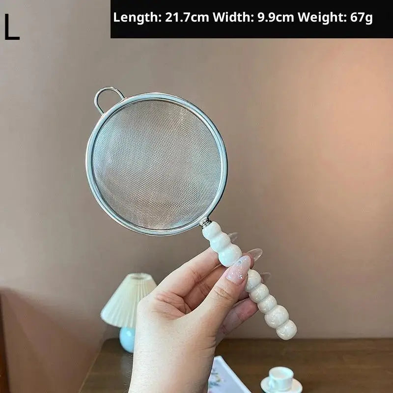 Tea Strainer Pearl Ceramic Handle Stainless Steel Fine Leak Mesh Qme White L