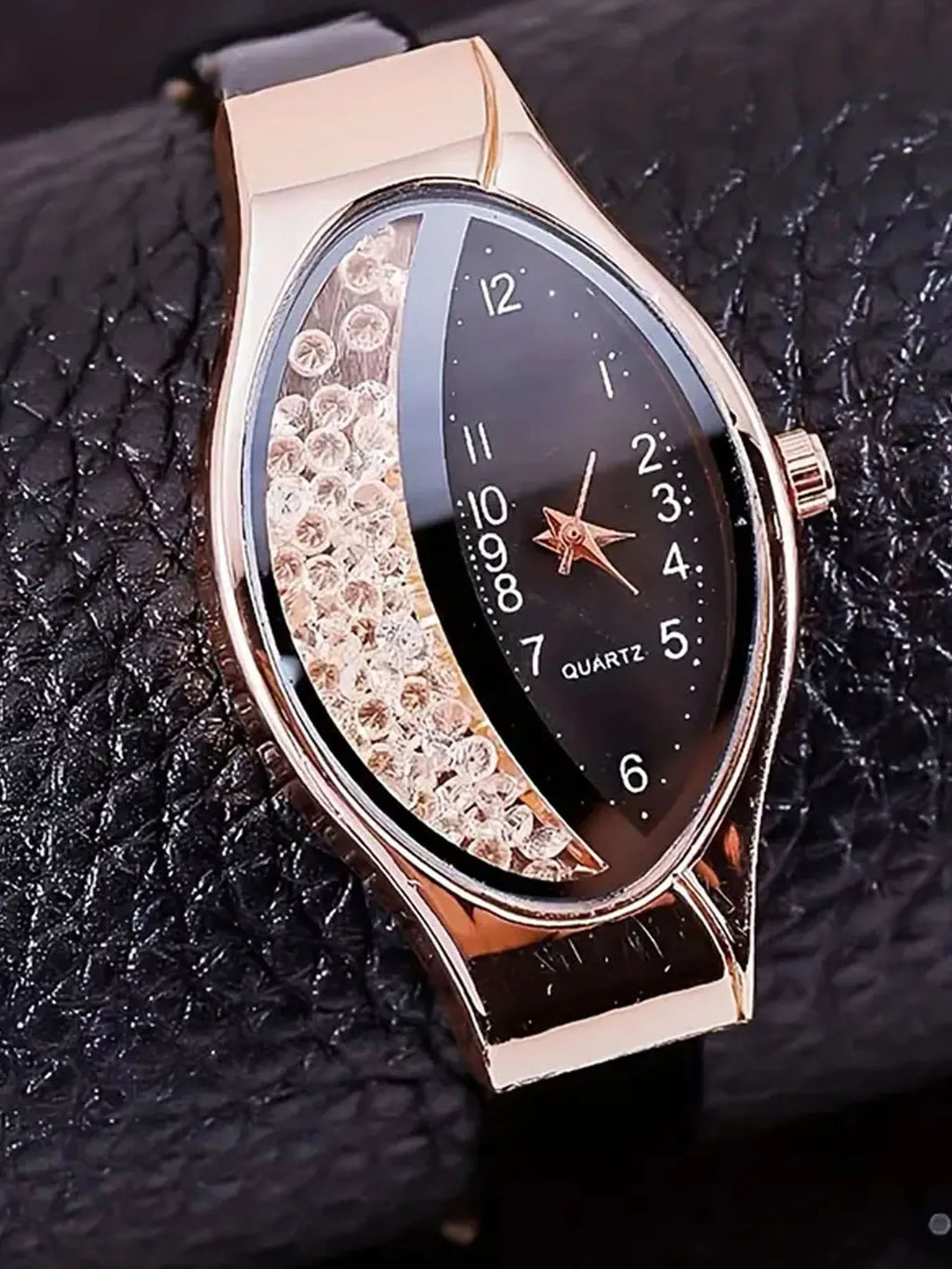 2Pcs Elegant Half Crystal Black Dial Watch Leaf Bracelet Set Qme