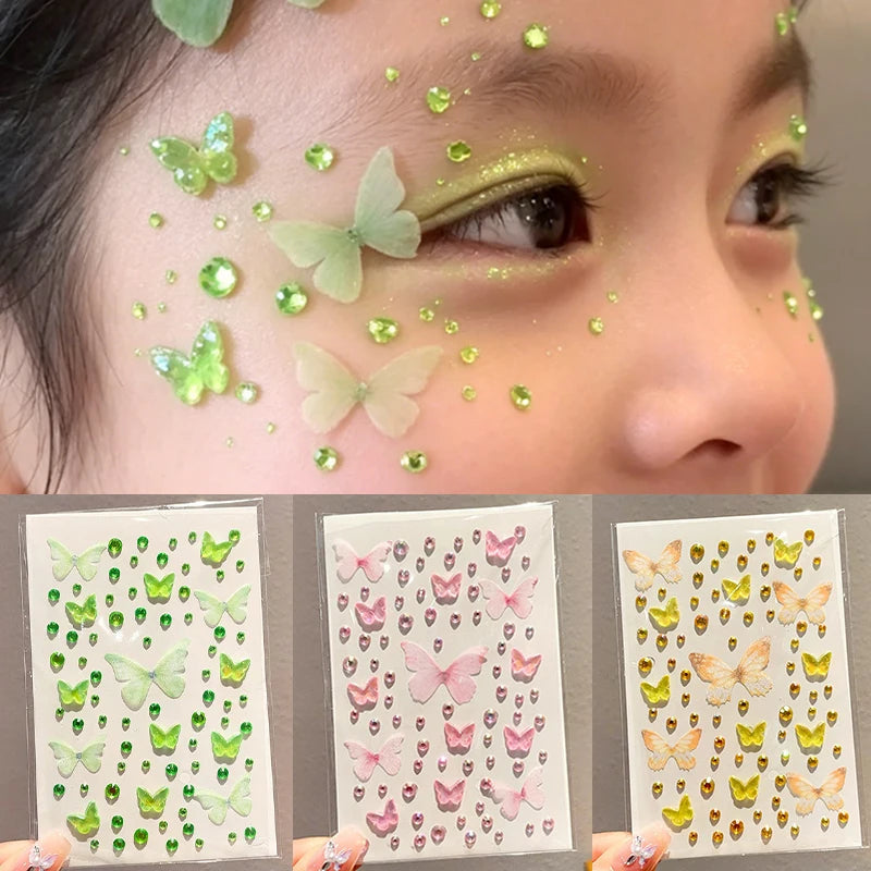 1Sheet Sparkling Butterfly Face Gems Dazzling Rhinestone Tattoos Stickers Eye & Facial 3D Fairy Gold Butterfly Stage Makeup Qme
