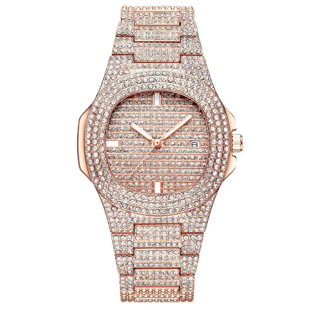 1pc Popular Hip Hop Full Artificial Diamond Avant-garde Quartz Men's Watch Trendy Brand Fashion Men's Watch Qme Bronze