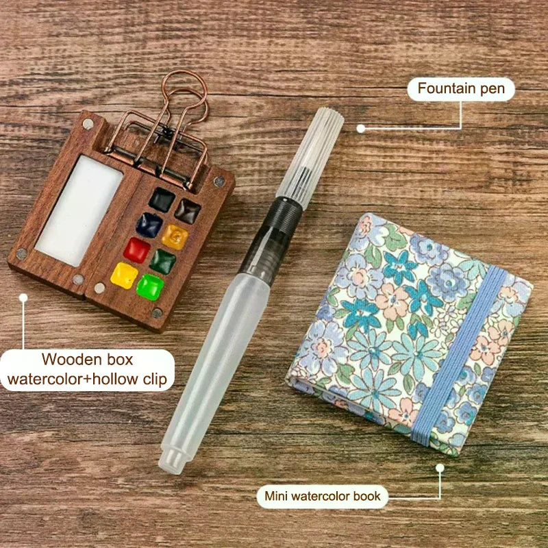 Mini Walnut Wood Watercolor Palette Portable Paint Box Clip Travel Qme