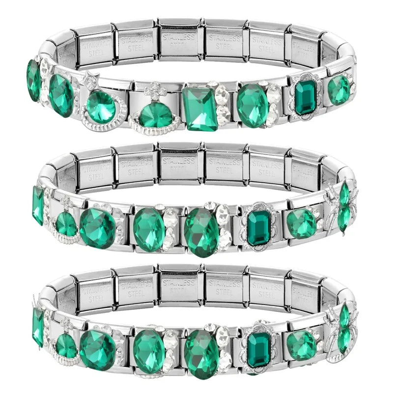 Trendy Green Emerald Inlay Zircon Shiny Italian Charm Link Fit 9mm Stainless Steel Bracelet DIY Making Men Women Jewelry Gifts Qme