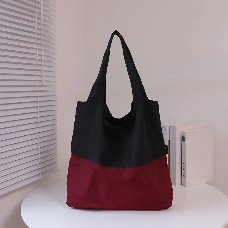 Color-block Patchwork Foldable Shopping Bag Eco-friendly Large Capacity Portable Waterproof Shoulder Bag Qme Black one size