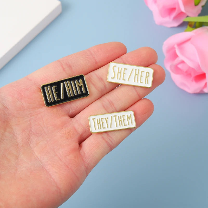 My Pronouns Enamel Pins Cats Butterfly He Him She Her They Them Brooches Lapel Metal Badges Fashion Jewelry Gifts Drop Shipping Qme