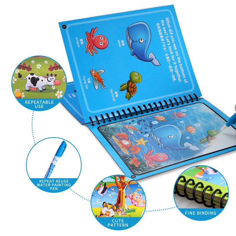 Children Magical Book with Pen Water Drawing Montessori Toys Reusable Coloring Book Magic Water Drawing Book Early Education Toy Qme