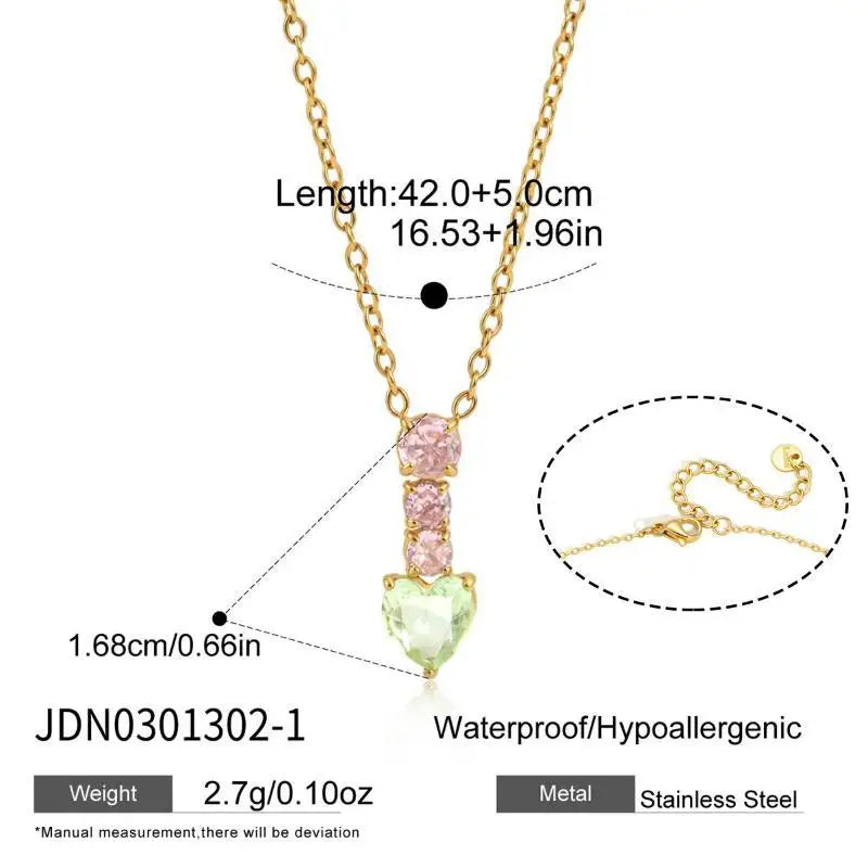 Sweet Color Gold PVD Plated Necklace Women Geometric Zircon Heart Pendant Elegant Jewelry for Office Daily Wear Qme A3