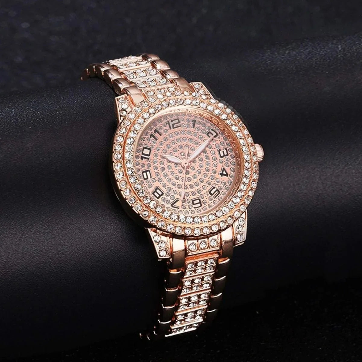 6-piece/set women's watch luxury rhinestone quartz watch hip-hop fashion watch and jewelry set, ideal choice for gifts Qme