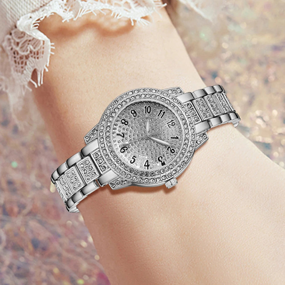 Boutique Roman Pattern Diamond-Encrusted Ladies' Quartz Watch with Bracelet Women's Wristwatch Qme